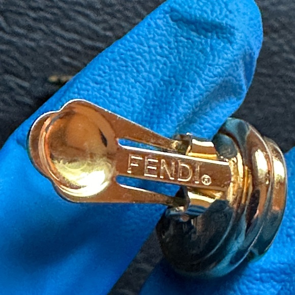 FENDI Oval Faux Pearl Clip On Statement Earrings w Gold Plated Swirl - Picture 5 of 8